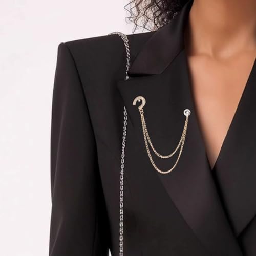 Image of 2PCS Crystal Hanging Chain Brooch Suit Pin for Men Women Vintage Crown Cross Star Diamond Broochs Gold and Silver Wedding Brooch for Clothes Dress Hats Bags Accessory