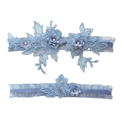 Hrlace 2 Stück Strumpfband Set Hochzeit Brautstrumpfband Stickerei Spitze Blumen Strumpfbänder Sexy Stretchy Schenkel Band Schenkel Ring für Damen Mädchen Braut Hochzeit Zubehör Blau Einheitsgröße