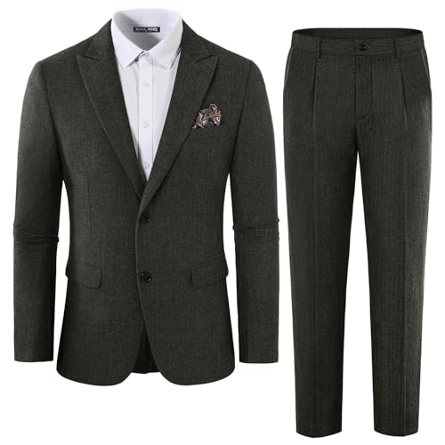 PJ PAUL JONES Mens 2 Piece Suit Vintage Herringbone Tweed Suits 2 Button Peak Lapel Blazer Pants Set2