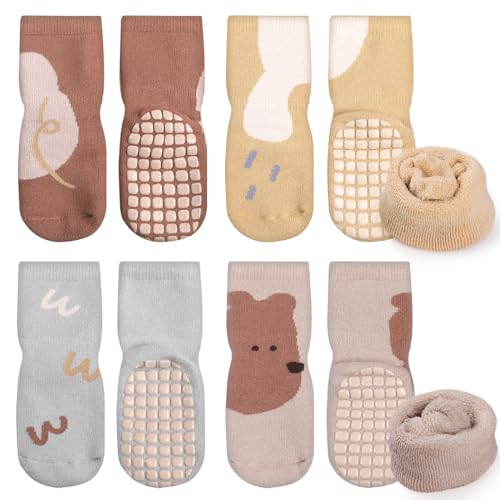 Simpeak 4 Pares Calcetines Antideslizantes de Algodón para Bebé Niñas Niños, Calcetines Bebe, Calcetines Térmicos Invierno de Algodón Antideslizantes para Bebé de 0 a 12 Meses - Estilo 6