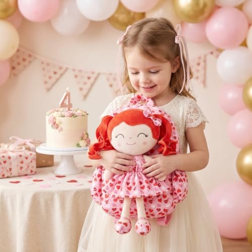 Image of Gloveleya Toddler Backpacks Baby Girl Gifts Curly Hair Plush Figures Dress Backpack - Red Head Loving Heart 11''