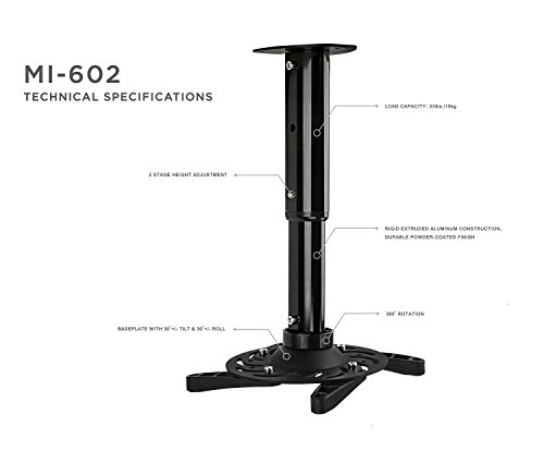 Mount-It! Projector Ceiling Mount Universal Bracket for Epson, BenQ, Optoma, Viewsonic Projectors, Height Adjustable Pole and Arms, Black (MI-602B) - Thumbnail 3