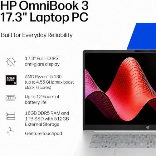 Image of HP OmniBook 3 Laptop, 17.3 inch FHD Touchscreen, 32GB RAM, 2TB SSD | Backlit, Numeric Keypad, AMD Ryzen 5 130 (up to 4.55 GHz max Boost Clock, 6 cores), Windows 11