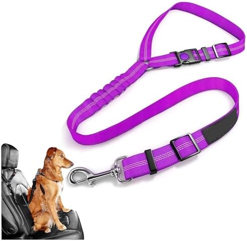 Best Dog Supplies Dog Safety Car Seat Belt – Elastic Nylon Vehicle Seatbelt Plus Durable Tangle-Free Headrest Harness – Perfect for Pet Safety – Purple