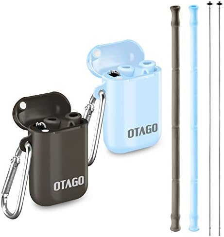OTAGO 2 Pack Collapsible Reusable Straws, Food-Grade Foldable Silicone Drinking Straws with Portable Case and Cleaning Brush, for Cold Beverage, Coffee and Smoothie