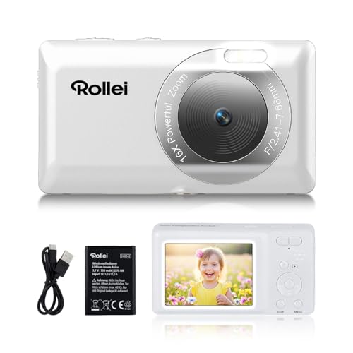 Camara Digital Blanco, Rollei Compactline Pocket 50MP 2,7K Camara de Fotos Compacta con Zoom Digital 16X y Pantalla de 2.4