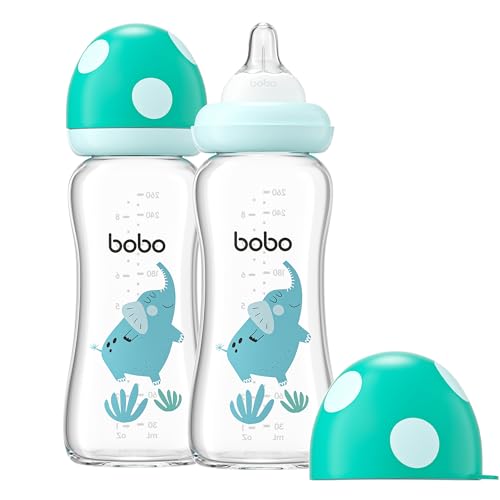 Image of YOHKOH Natural Glass Baby Bottle with Level 2 Medium Flow Nipple, Newborn Anti-Colic Baby Bottles, Wide Neck Mushroom Baby Glass Bottle (8.8ounce (Pack of 2), Blue2)