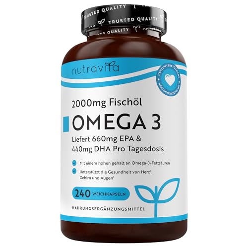 Nutravita Omega 3 Kapseln Hochdosiert 2000mg Fischöl Kapseln, 660mg EPA un 440mg DHA - 240 Weichkapseln für 4 Monate - Omega 3 EPA & DHA - Unterstützt die Gesundheit von Herz, Gehirn und Augen (EFSA)