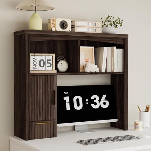 Image of Desktop Shelf, Wooden Desk Hutch with Storage, Desktop Bookshelf with Cabinet and Drawer, Office Desk Organizer, Space-Saving Organization, Over Desk Storage Shelves for Home, Dorm, Walnut