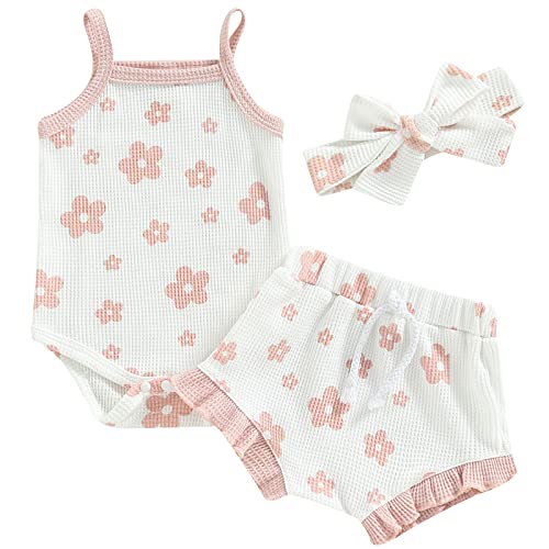 Image of Mubineo Baby Girl 3PCS Summer Boho Rompers Outfits Bodysuit Shorts Clothes Headband Set