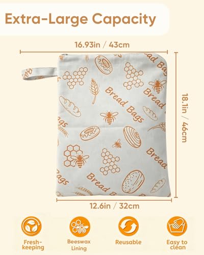 [2 Packs] Zkacsue Beeswax Bread Bag for Homemade Sourdough - 12x16 Inch Reusable Bread Bags with Zipper Seal, Upgraded Large Capacity Organic Linen Sourdough Bread Bags for Bakery, Kitchen, Picnic — view 4