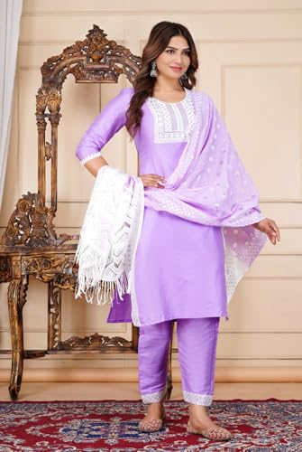 Image of Women's Silk Embroidered Kurta with Pant and Dupatta Set, Straight Style
