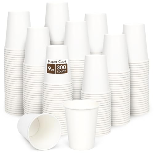 ESSENTIAL 300 Pack 9 oz Disposable Paper Coffee Cups White Drinking Cup for Hot/Cold Beverage Hot Coffee Cups for Party Picnic Travel and Events