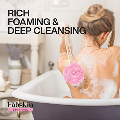 Image of FABSKIN Luxury Back Bathing Loofah With Wooden Handle for Men and Women | Pack of 1 | Loofah For Back Bathing with handle | Back Bathing Loofah Brush | Back Scrubber for Bathing (Pink)