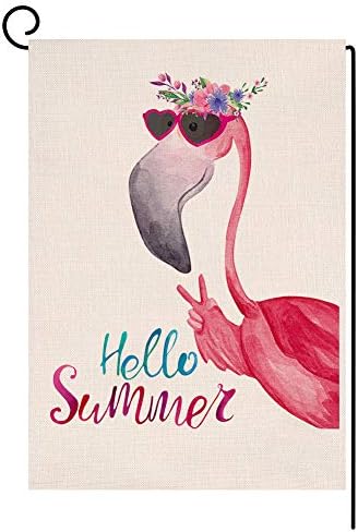 Hello Summer Flamingo Small Garden Flag Vertical Double Sided 12.5 x 18 Inch Floral Beach Burlap Yard Outdoor Decor
