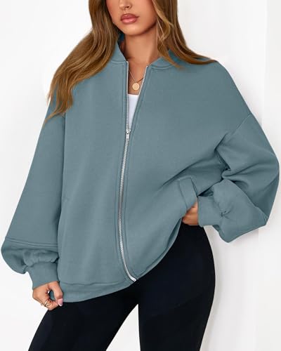 KIRUNDO Oversized Sweatshirt for Women Zip Up Bomber Jacket(Grey Blue, XXL) - image 5