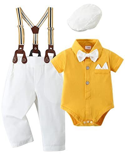 Image of YALLET Baby Boy Clothes Suit Newborn Infant Gentleman Outfits, Formal Dress Shirt+ Bowtie+ Suspender Pants Wedding Party Set
