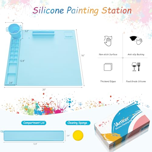 iArtker Silicone Painting Mat with Cup and Palette, 20"×16" Non-Slip Silicone Craft Art Mat with Stand and Lid for Painting, Resin, DIY, Blue
