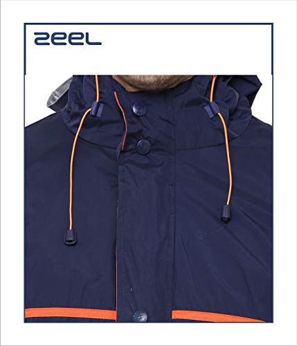 Image of ZEEL Rain Coat for Men Waterproof for Bike Riders with Adjustable Hood Along with Inner Pockets,Waterproof Raincoat with Polyester Jacket,Pants and Carrying Pouch,AZ03 Navy-Orange XXL