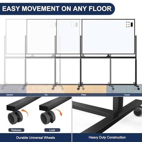 Image of Large Dry-Erase Rolling Magnetic Whiteboard - TSJ OFFICE 48 x 32 Inches Dry Erase Board with Stand Height Adjust Double Sides Mobile White Board Easel on Wheels Office, Home & Classroom
