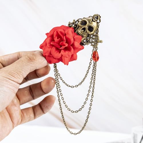 Image of Vintage Skull Rose Tassel Chain Pin Brooch for Men & Women - Punk, Gothic Suit Tie Lapel Pin Clip - Perfect Boyfriend Gifts