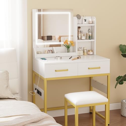 COTUBLR Vanity Desk with Mirror, LED Lights and Power Outlet Makeup Vanity Table with 2 Drawers and Hooks Dressing Table and Stool Set for Girls Bedroom Dressing Room (White)