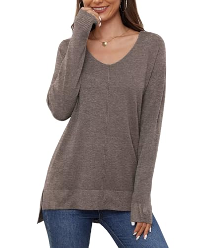YGJIEGENG Pullover Damen V Ausschnitt Strickpullover Herbst Winter Sweatshirt Leichter Einfarbig Pullover Elegant Casual Oversize Warm Oberteile Khaki S