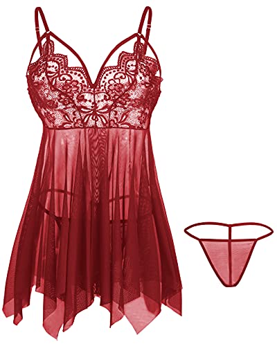 Giorzio Women s Sexy Lace Sleepwear Chemise Baydoll V Neck Nightdress Wine Red, M