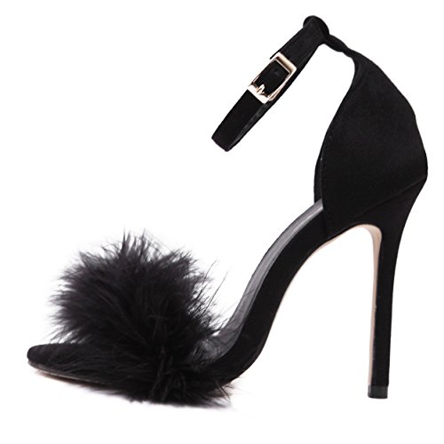 Image of MMJULY Women's Open Toe Ankle Strap Fluffy Feather Stiletto High Heel Dress Sandal