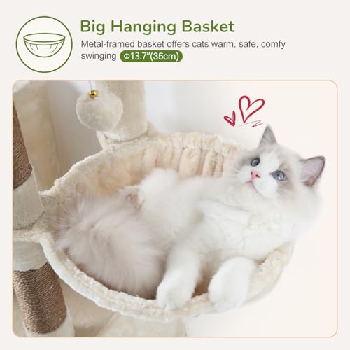 Image of Globlazer 52in Cat Tree Tower for Indoor Cats, 2 Condos, S52, Beige | Multi-Level Plush House, 5 Sisal Scratching Posts, 2 Padded Top Perches, Big Metal Basket, Stable Enlarged Base