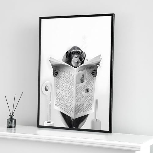 Cute Newspaper Animal Wall Art Black and White Canvas Printed Cabin Bathroom Decoration Bath Wall Picture Frameless Monkey 1 Piece 60 x 90 cm - Image 2