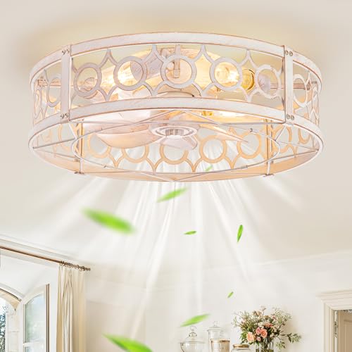 LEDIARY Caged Ceiling Fan with Light and Remote 20in Small Low Profile Ceiling Fans with Lights 6 Speed Farmhouse Flush Mount Ceiling Fan for Bedroom Kitchen Living Room-White and Gold