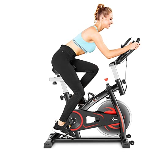 Heka Exercise Bike Indoor Cycling Bike Stationary 300lbs Weight Capacity, Indoor Bike for Home with Heart Rate Cardio Tablet Holder LCD Monitor, 30lbs Flywheel, Adjustable Seat Handlebar (Black)