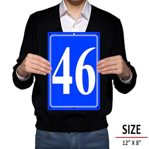 Image of Premium Aluminum Number Signs 46, Metal 12 inch X 8 inch Blue Numbered Signs Outdoor for Parking Lots, Floor, Dock, Court, Aisle, Field, High Visibility, No Fade, Weather-resistant