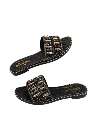 SweatyRocks Women's Rhinestone Beaded Flats Sandals Slip On Leather Slide Sandals2