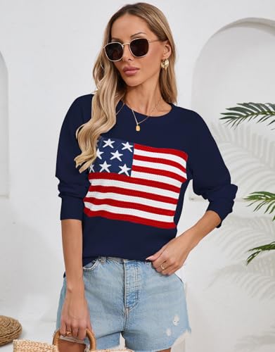 Image of Women's Lightweight Thin Knit Sweater USA American Flag Pullover Sweaters