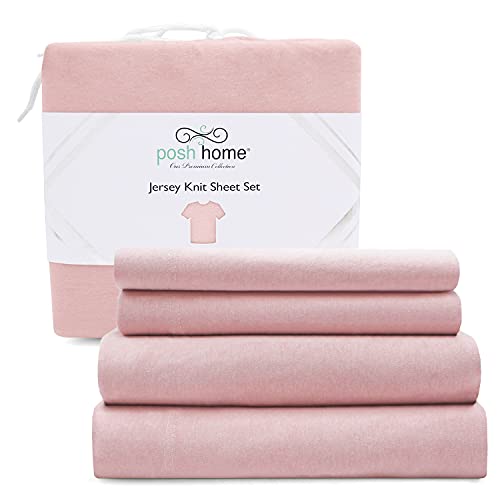 Posh Home Jersey Knit Bed Sheet Set - 4 Piece - Organic Cotton Blend - Ultra Soft T-Shirt Material - Deep Pockets - Easy Fit - Breathable and Cooling - Twin - Pink