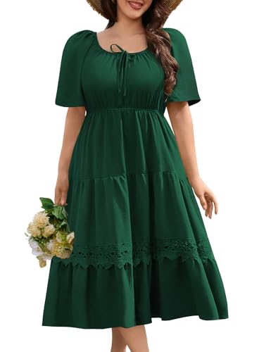CMTOP Vestidos Verano Mujer Tallas Grandes Elegante Cuello Cuadrado Largo Vestido Manga Corta Vestidos Elástico Cintura Alta Midi Vestido de Playa Casual Sólida (Verde Oscuro, 4XL)