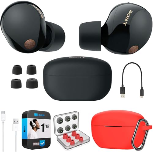 Sony WF-1000XM5 Industry Leading Noise Canceling Truly Wireless Earbuds (Black) Bundle with Silicone Case (Red), Memory Foam Ear Tips, USB-A to USB-C Cable & 1 YR CPS Enhanced Protection Pack