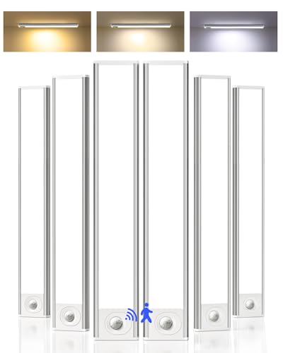 Under Cabinet Lighting, 12inch Rechargeable Motion Sensor Light Indoor, 2400mAh Battery Operated Closet Lights, with Dimmable & 3 Color Temps, Wireless Under Counter Lights for Kitchen,Stairs(6Pack) ﻿