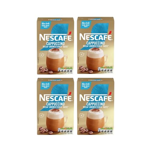 Coffee Multipack With 4x Nescafe Cappuccino Unsweetened Taste Decaf Gold Mix Coffee Boxes - 32 Nescafé Cappuccino Coffee Sachets - 8 per pack with Unique Gift Harbour Coffee Guide
