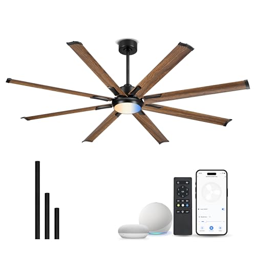 Image of 72 Inch Ceiling Fan with Light, Industrial Design with 8 Aluminum Blades, Smart Control Compatible with Alexa, Indoor Outdoor Garage Fan for Living Room Patio, Model ZCCF04WD-72