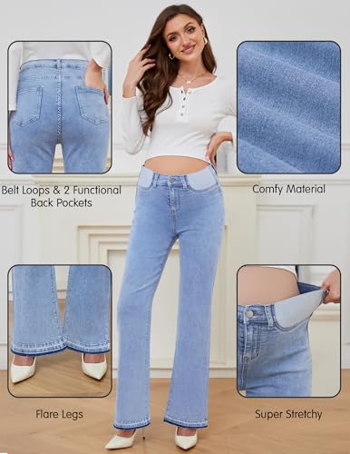 Image of PACBREEZE Women's Maternity Flare Jeans Mid-Rise Stretchy Bell Bootcut Jeans Denim Pregnancy Pants, S-XXL
