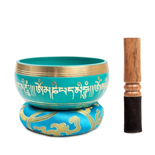 Image of Tibetan Singing Bowl Set - 4 inch Easy To Play Authentic Handmade For Meditation Sound 7 Chakra Healing By HIMALAYAN BAZAAR (Turquoise Blue, 4 inch)