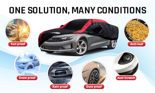 Image of Camaro Car Cover Waterproof All Weather with Red Strip Design, Custom Fit for Chevy Camaro 2010-2026, Accessory with Door Zipper & Windproof Straps