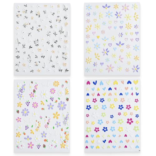 JEYORZY 4 Hojas Pegatinas Uñas Adhesivas Flores,Niñas Lindas Pegatinas Para Uñas, Margaritas 5D en Relieve Decoración,Autoadesiva Nail Art Stickers Decoración