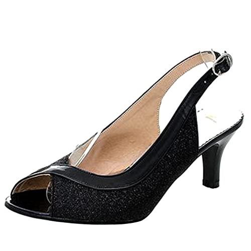 Gicoiz Mini Tacóns Charol Mujer Slingback Lazostie Zapatos Boda Peep Toe Bride Tacón de Aguja Tacón Bajo Bomba Lovely Zapatos de Fiesta Comfy Negro Talla 44 EU-46Cn
