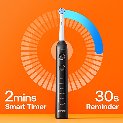 Image of Bitvae R2 Rotating Electric Toothbrush for Adults with 8 Brush Heads, Travel Case, 5 Modes Rechargeable Power Toothbrush with Pressure Sensor, 3 Hours Fast Charge for 30 Days, Black