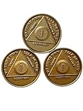 Set of 3 AA 1 Year Bronze Anniversary Sobriety Medallions Serenity Prayer