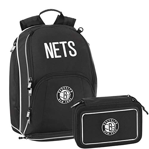 NBA Brooklyn Nets Schoolpack - Mochila escolar organizada y estuche con 3 cremalleras